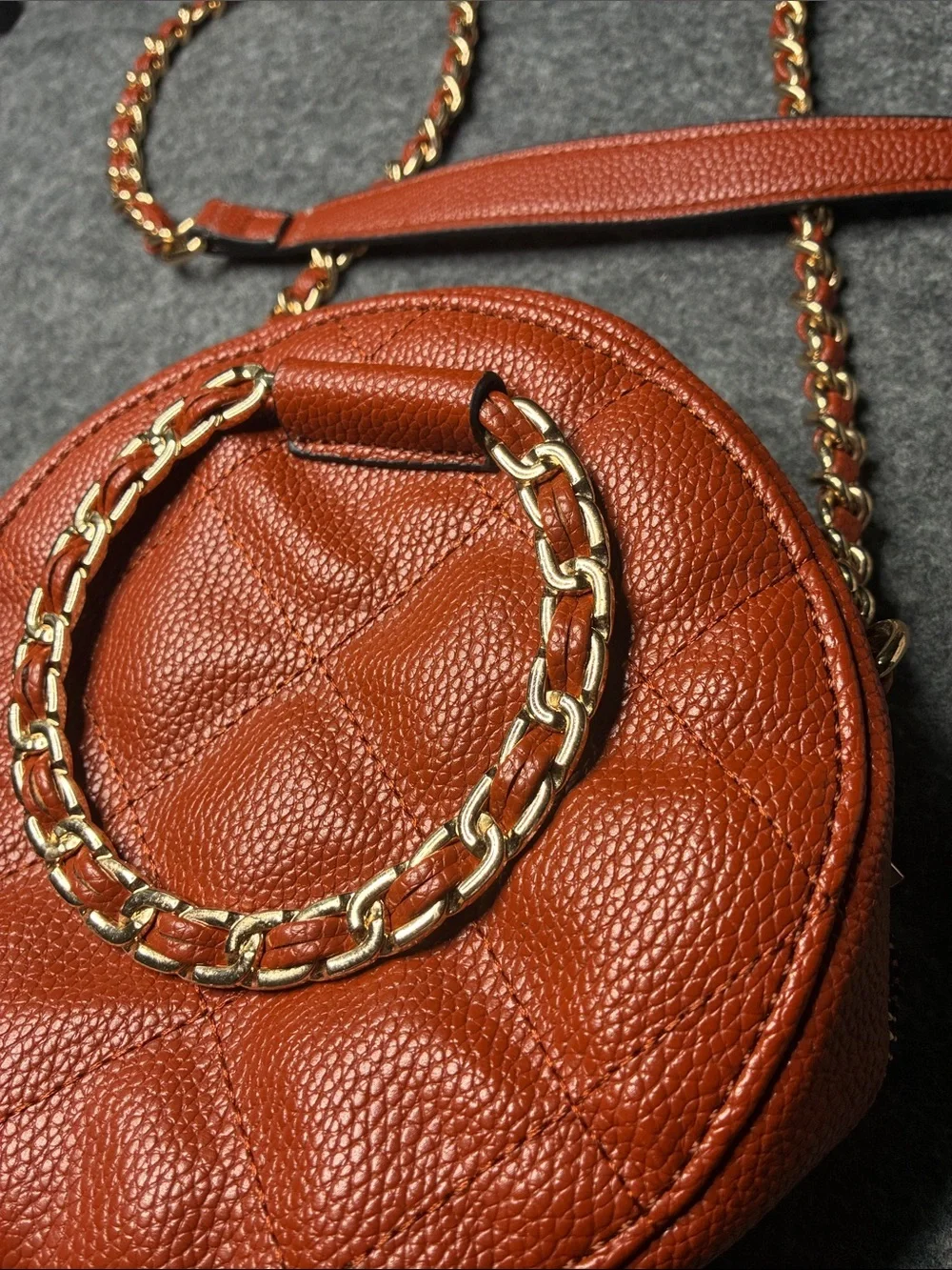 Quilted Round Crossbody Bag - Rust Orange with Gold Chain - Picture 2 of 4